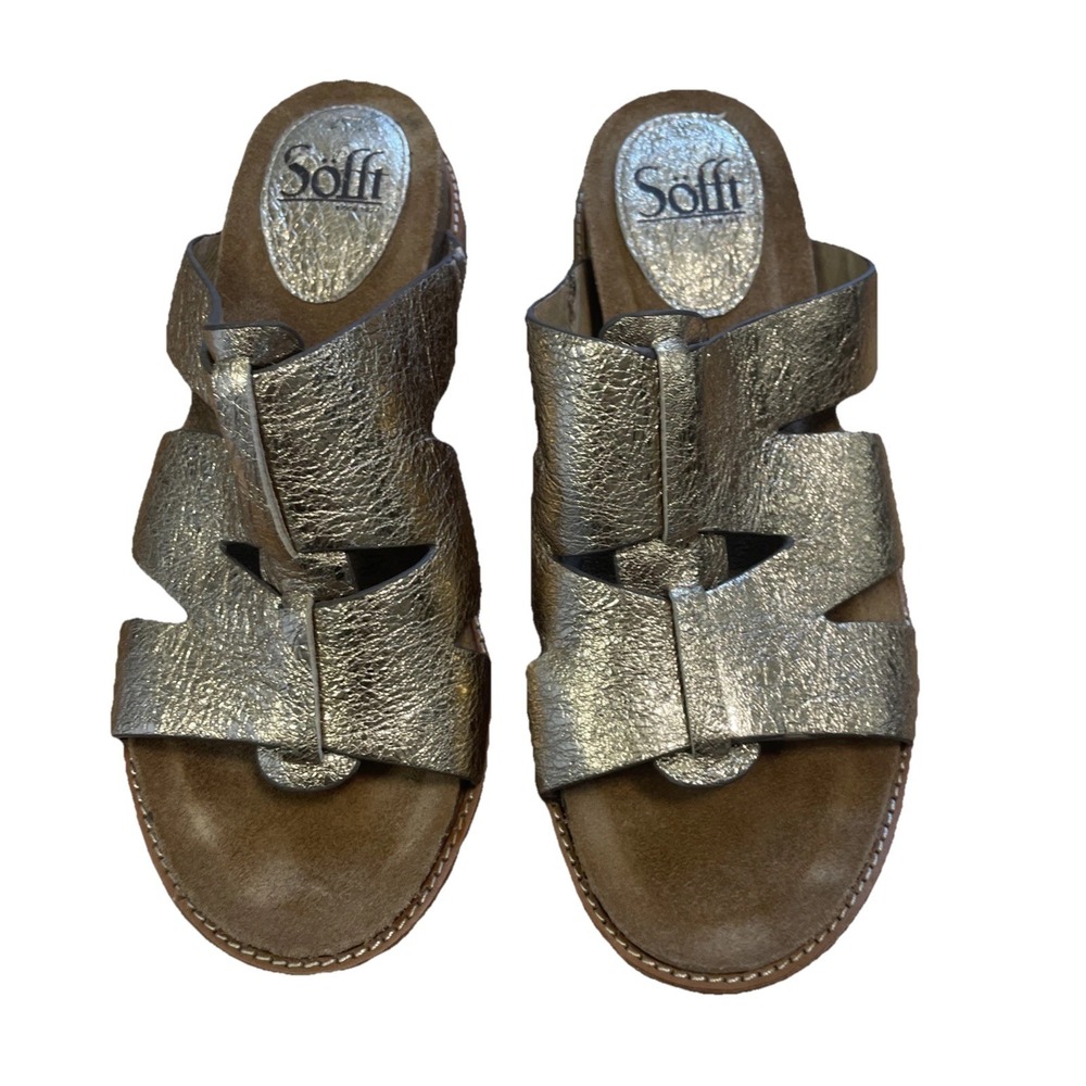Sofft Womens Metallic Gold Leather Criss Cross Slide Sandals Size 7M